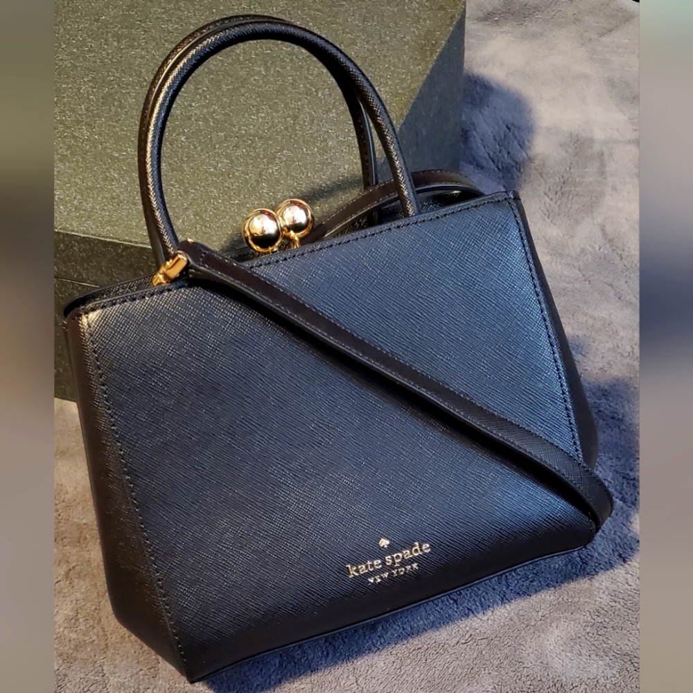 kate spade Black Structured Saffiano Leather Satchel with Gold Hardware